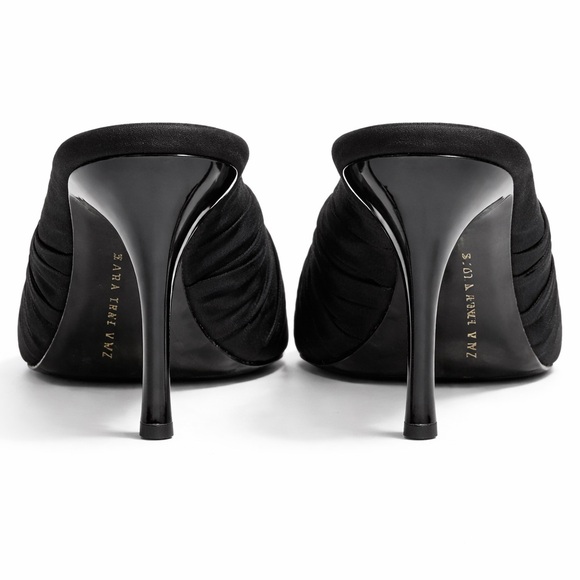 Black Satin Knot Mule Heels Pointed Toe Minimal Chic Size 5 - Picture 5 of 9